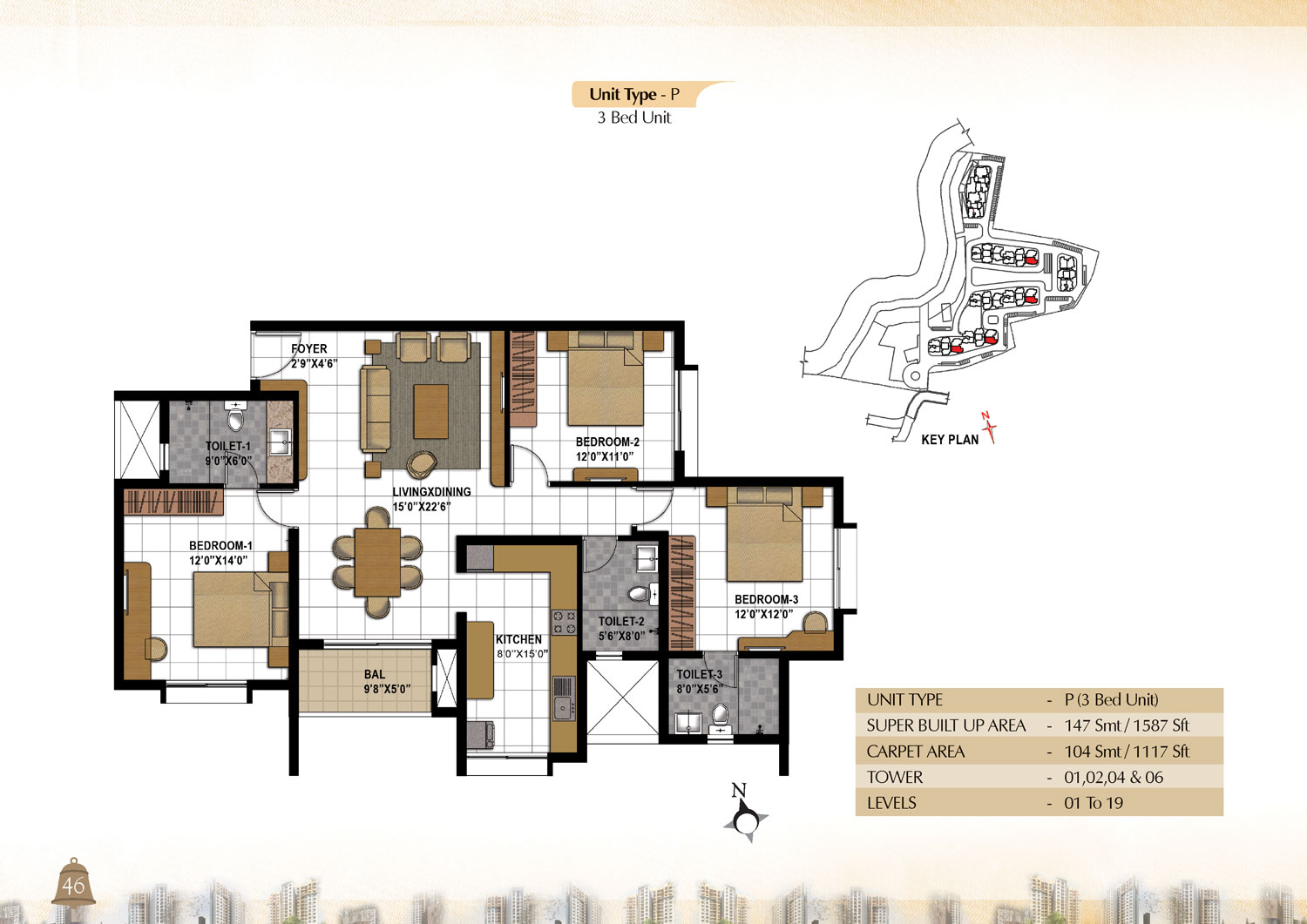 Prestige Bagamane Temple Bells 3 BHK Floor Plan Type P