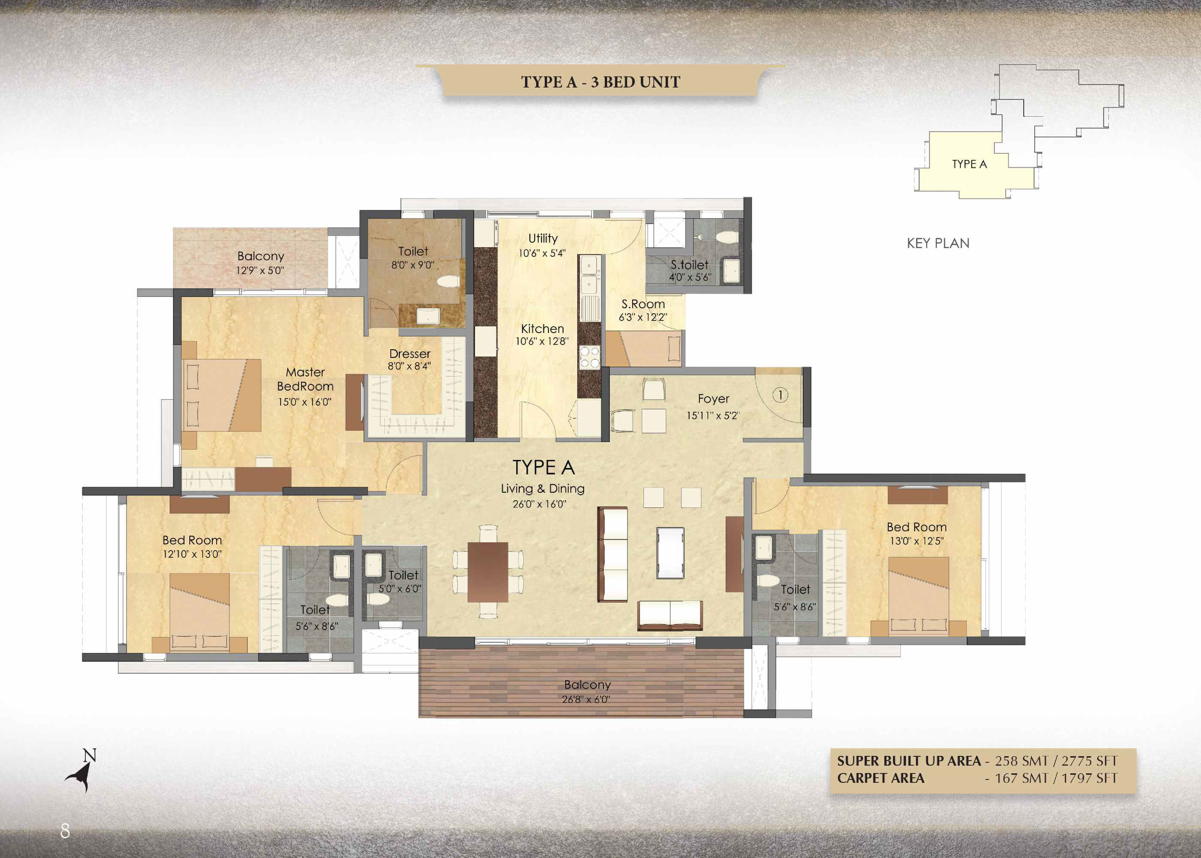 Prestige Deja Vu 3 BHK Floor Plan Type A