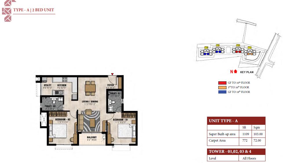 Prestige Elysian 2 BHK Floor Plan Type A