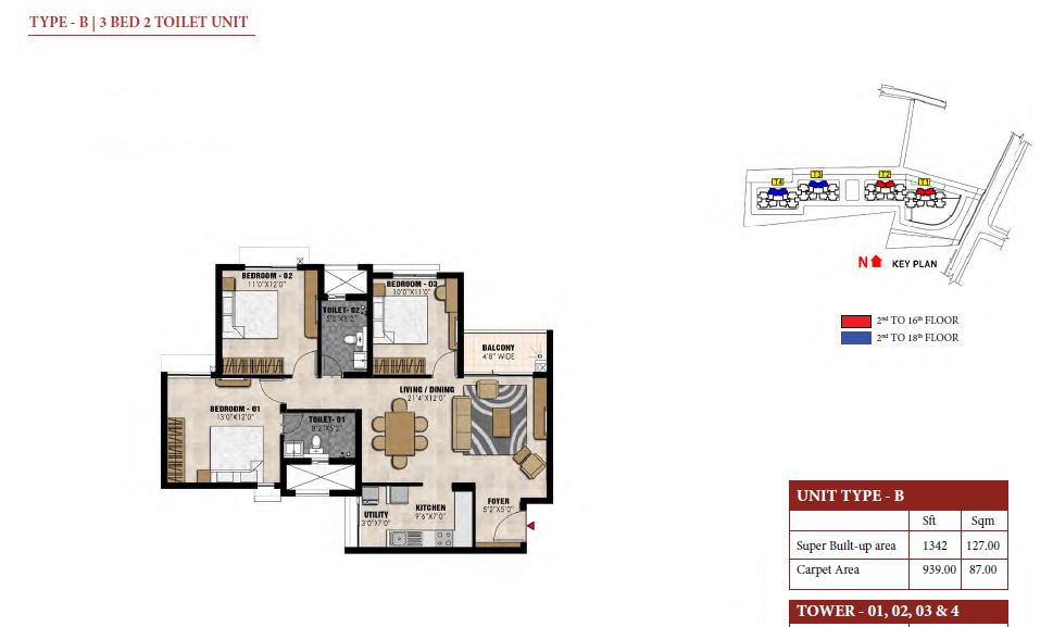 Prestige Elysian 3 BHK Floor Plan Type B