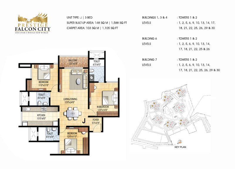 Prestige Falcon City 3 BHK Floor Plan