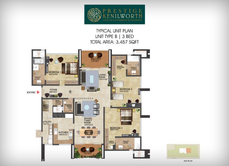 Prestige Kenilworth 3 BHK Floor Plan Type B