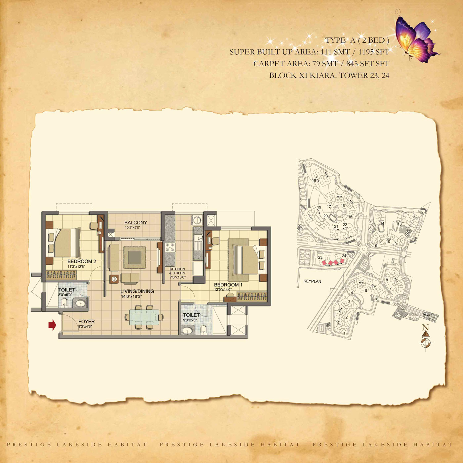 Prestige Lakeside Habitat 2 BHK Floor Plan Type A