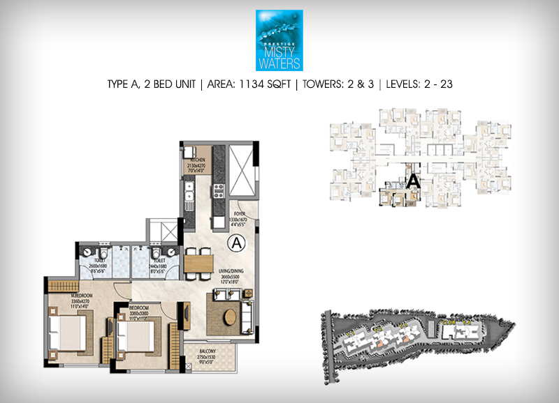 Prestige Misty Waters 2 BHK Floor Plan