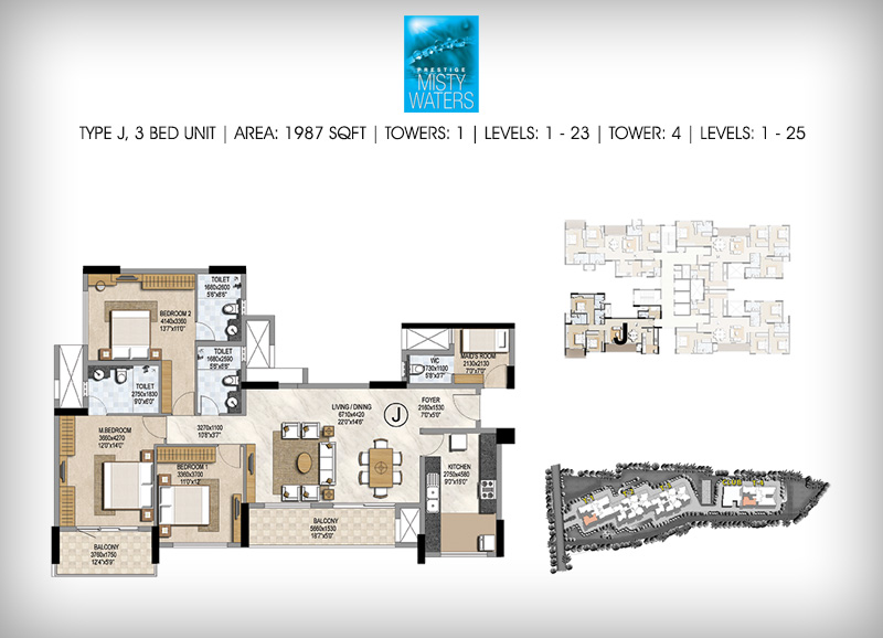 Prestige Misty Waters 3 BHK Floor Plan