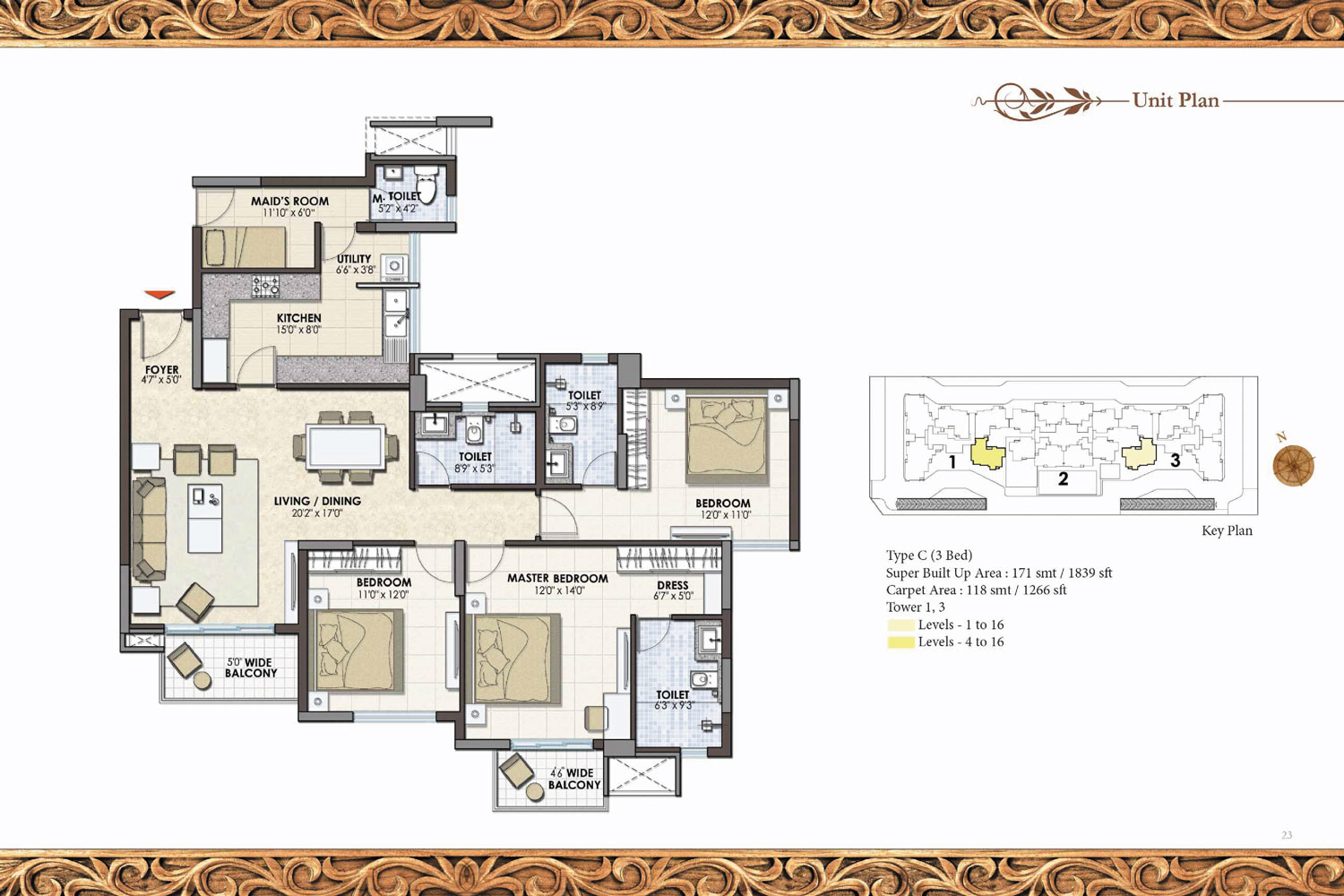 Prestige Pine Wood 3 BHK Floor Plan Type C