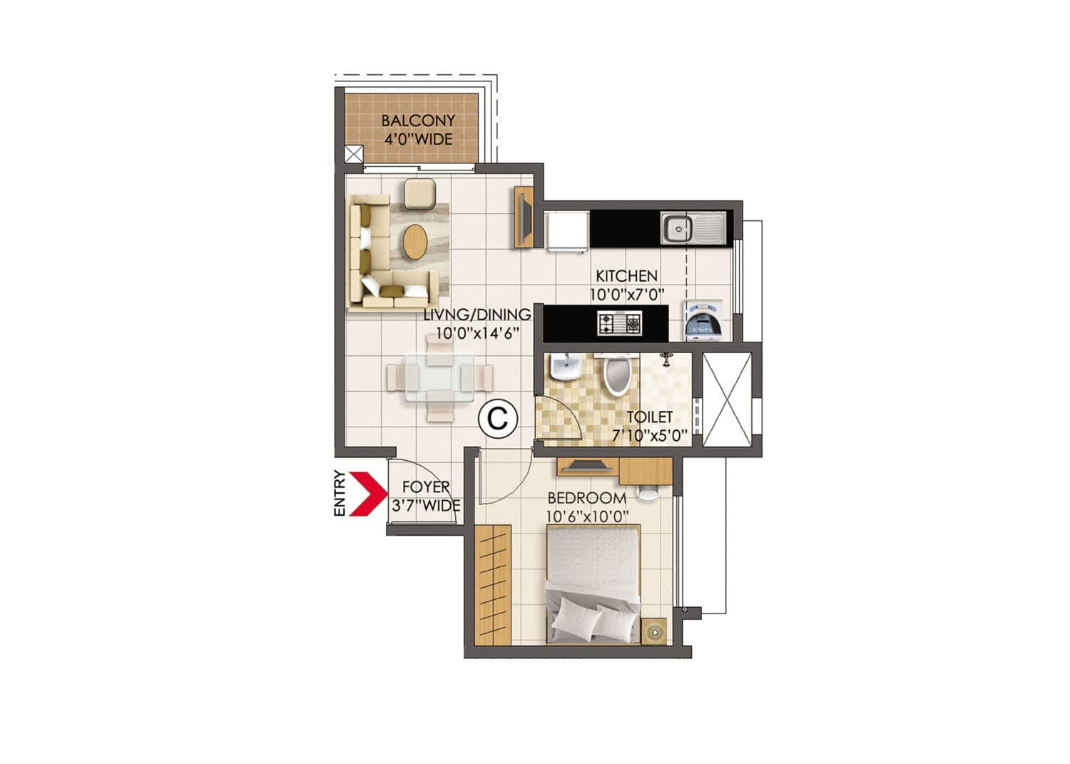 Prestige Primrose Hills 1 BHK Floor Plan Type C