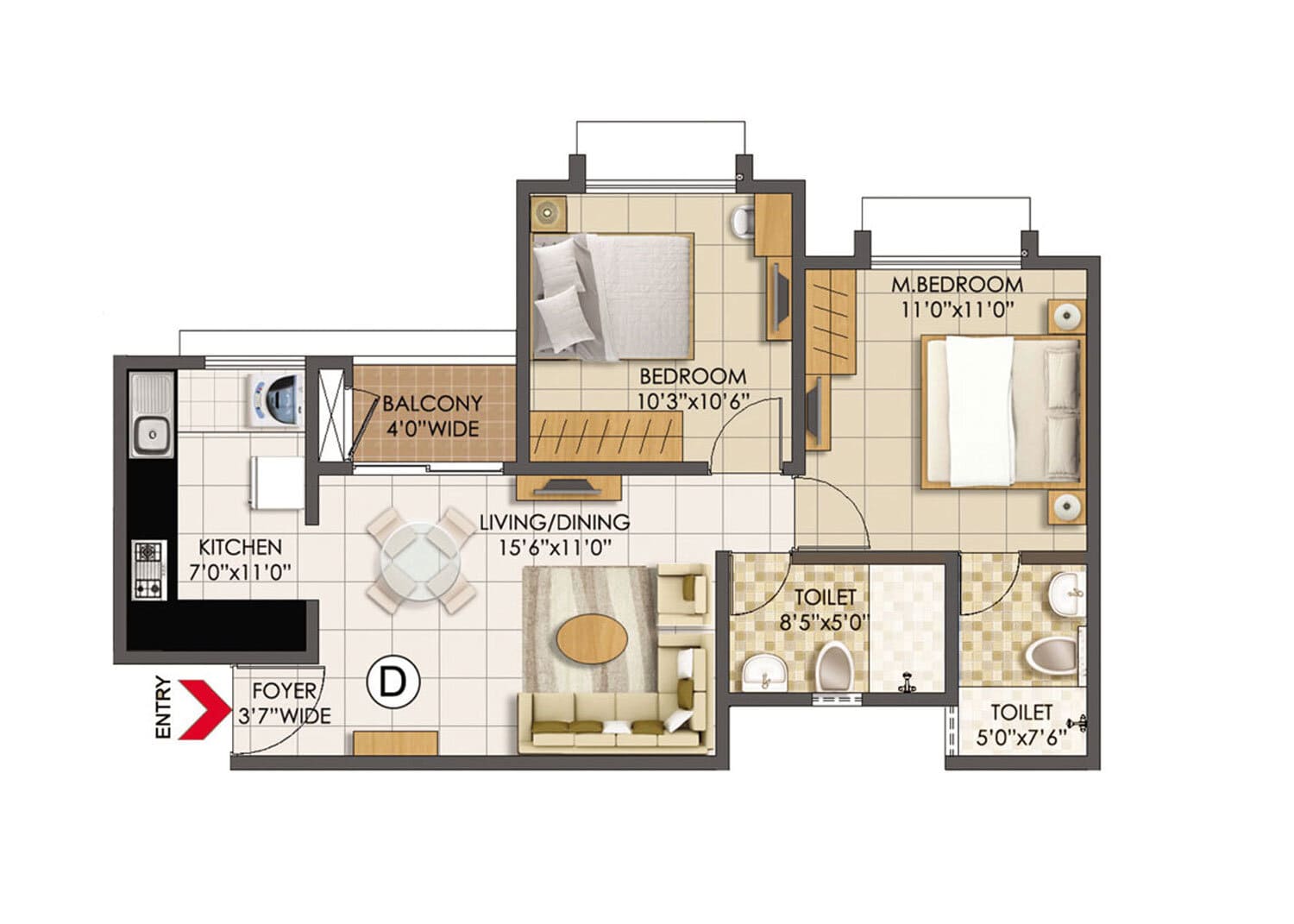 Prestige Primrose Hills 2 BHK Floor Plan Type D