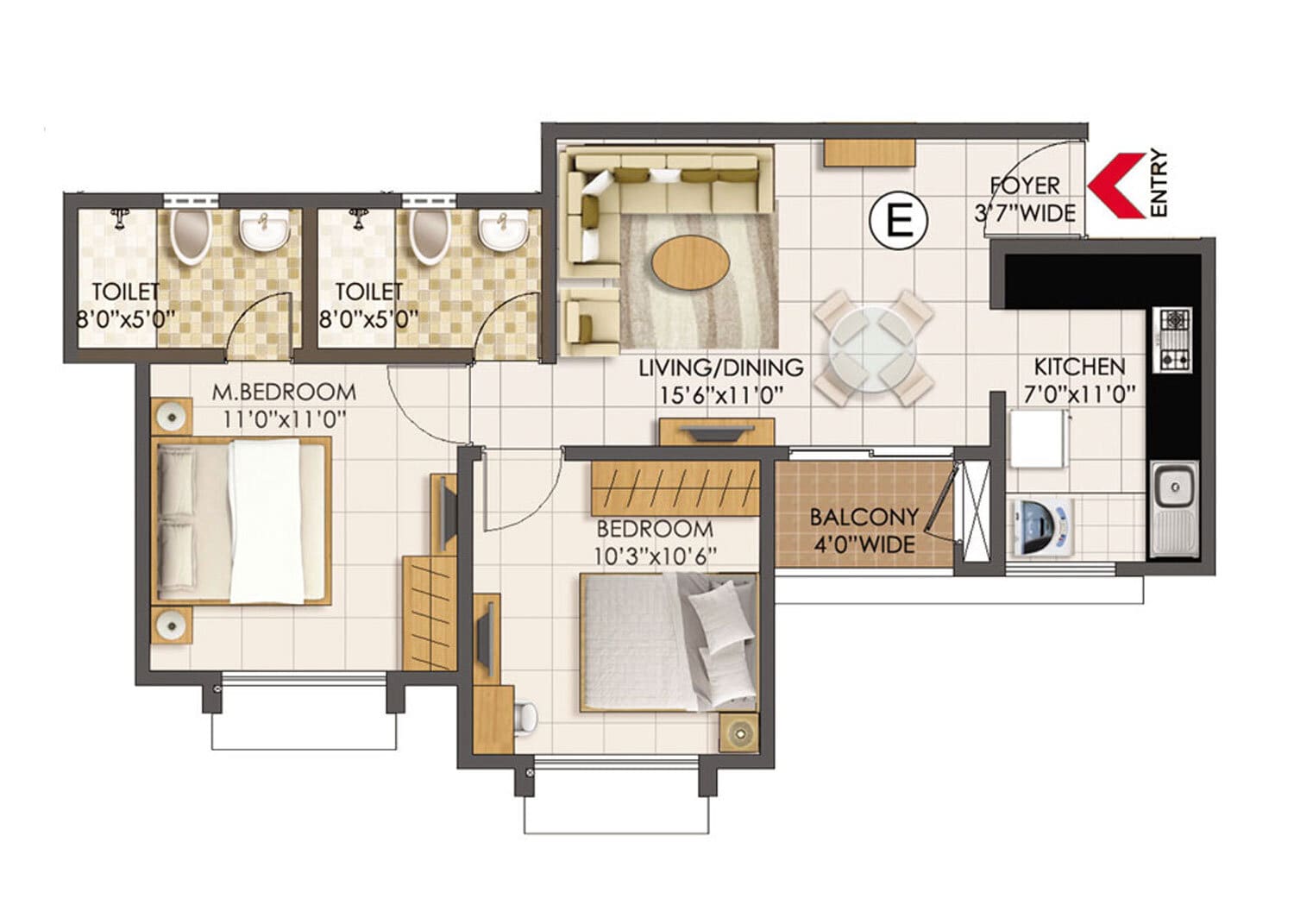 Prestige Primrose Hills 2 BHK Floor Plan Type E