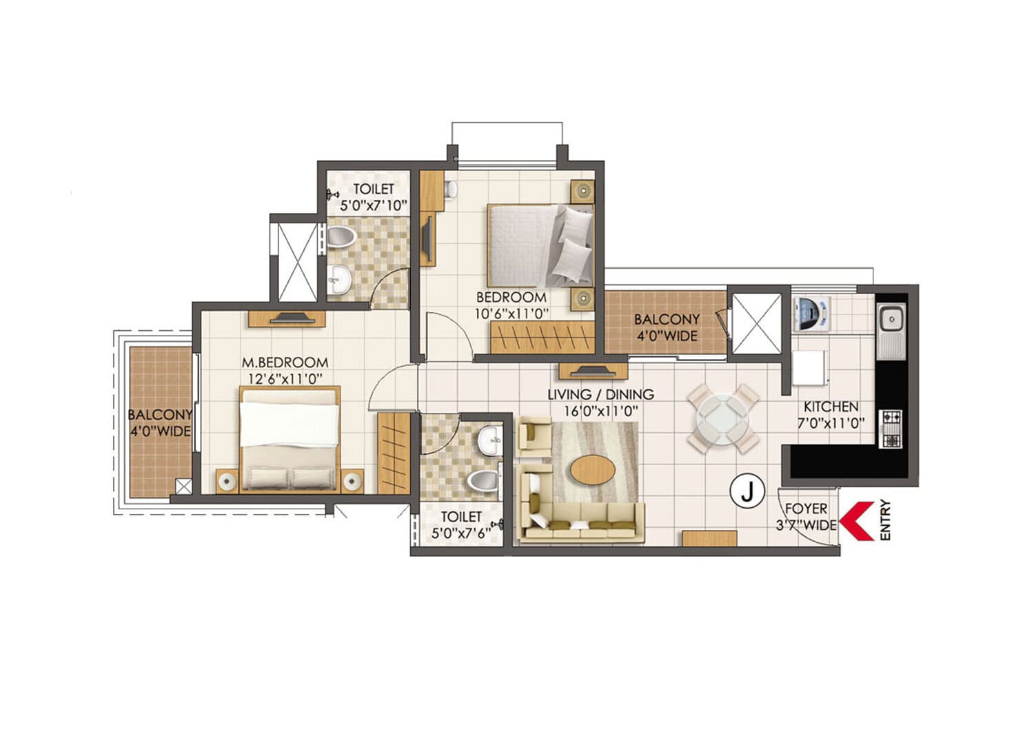 Prestige Primrose Hills 2 BHK Floor Plan Type J