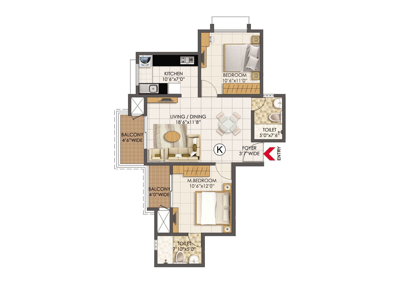 Prestige Primrose Hills 2 BHK Floor Plan Type K