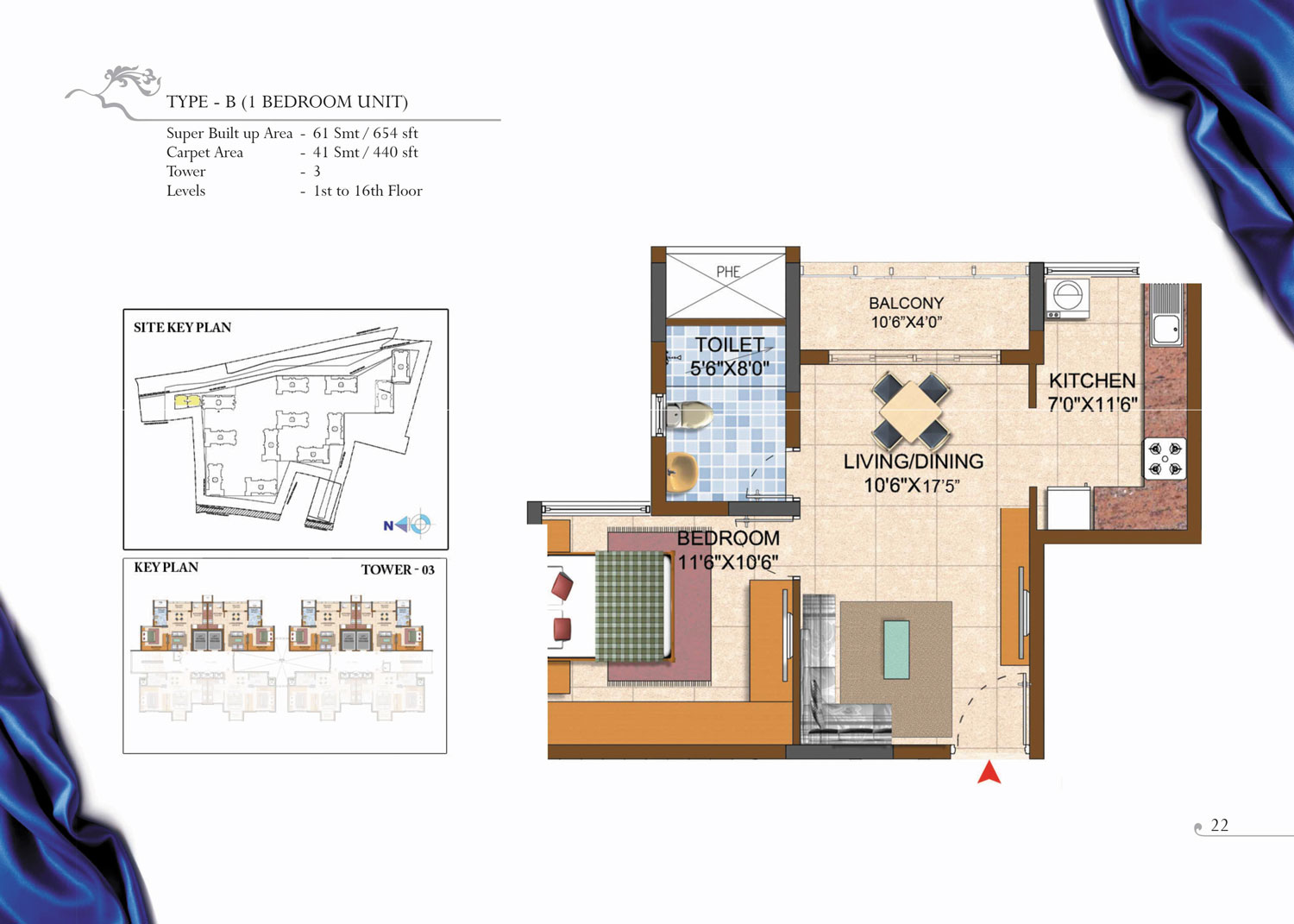 Prestige Royale Gardens 1 BHK Floor Plan Type B