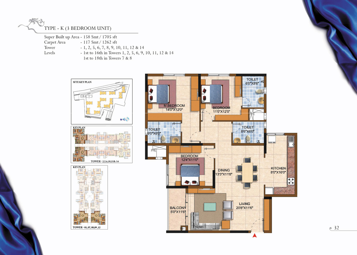 Prestige Royale Gardens 3 BHK Floor Plan Type K