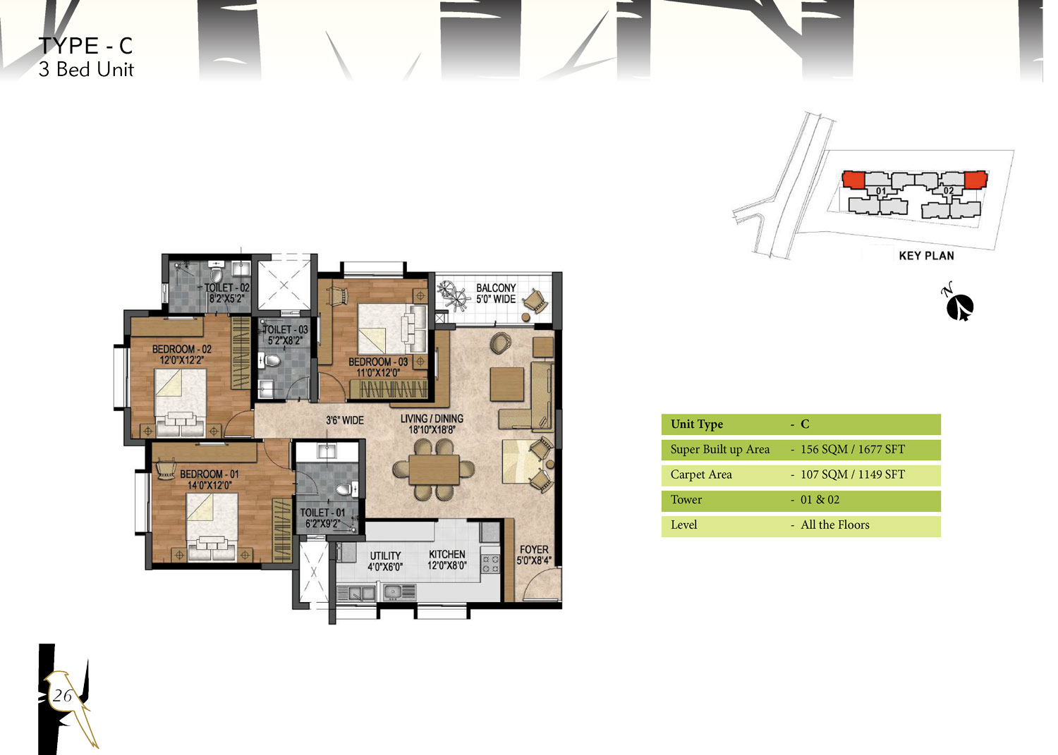 Prestige Woodland Park 3 BHK Floor Plan Type C